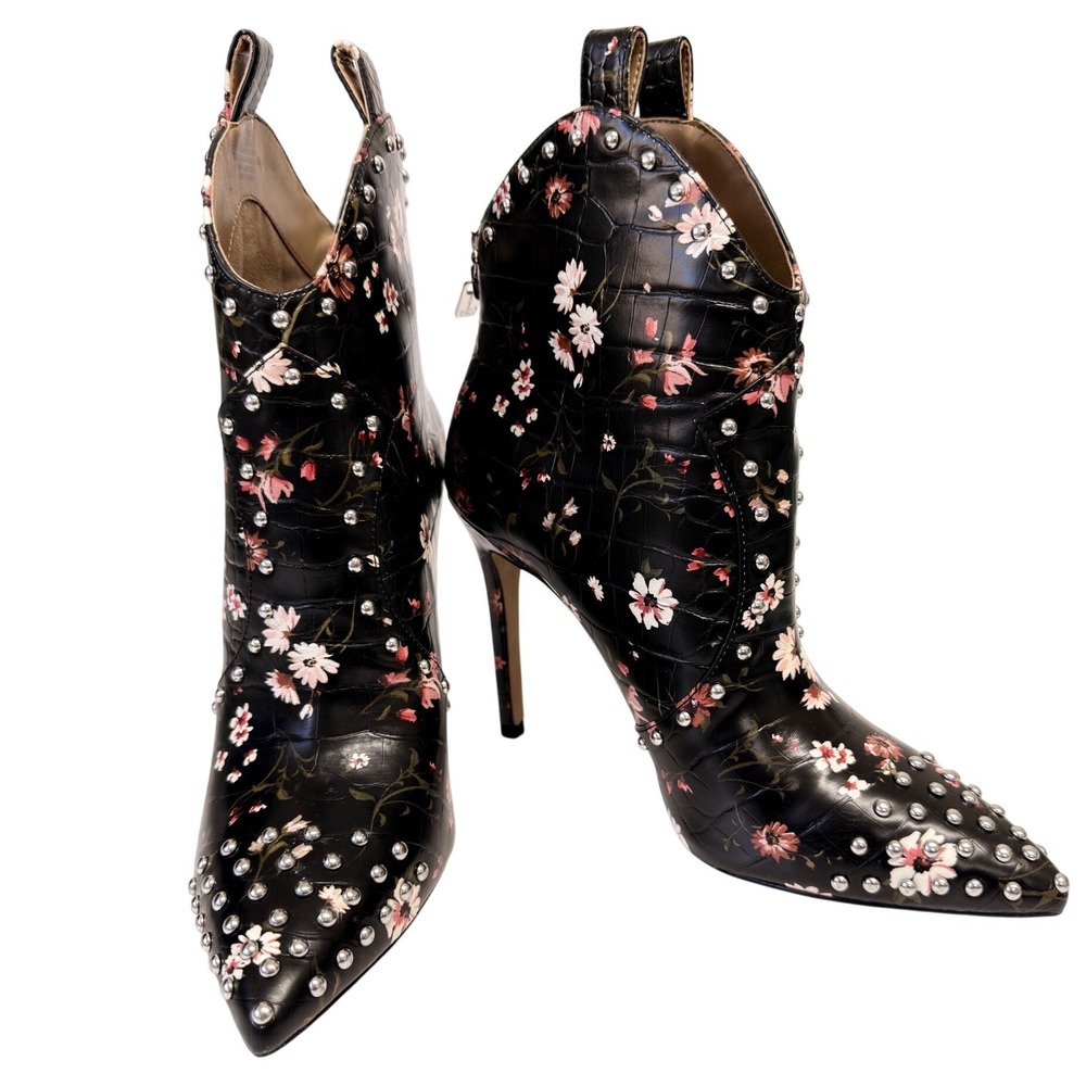 Jessica Simpson Black Floral Croc Studded Pointed Toe Stiletto Ankle Boots 7.5M - Picture 3 of 11
